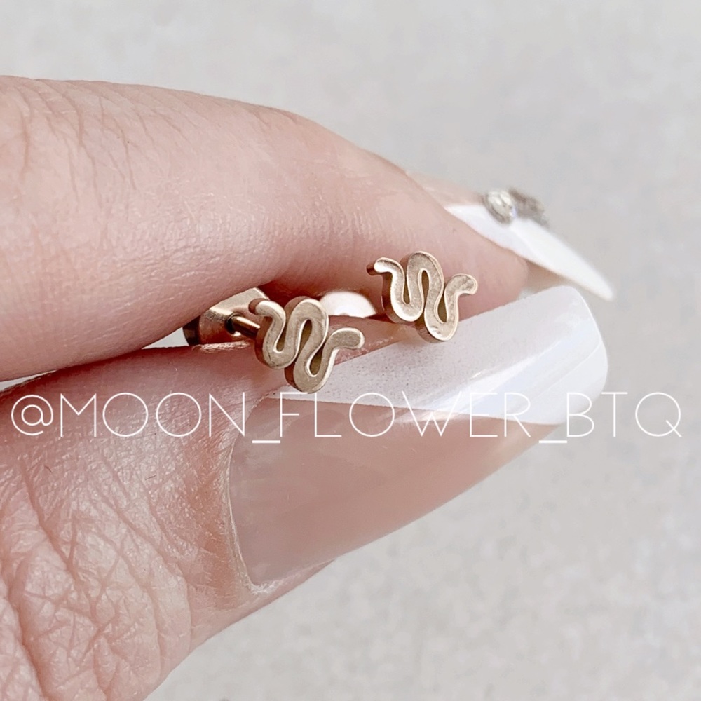 Tiny Rose Gold Snake Flat Back Stud Earrings - Picture 2 of 6